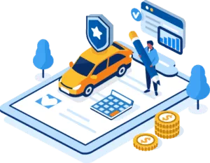 Illustration of a car on a clipboard with a calculator, man holding giant pencil, some coins, a spreadsheet and trees