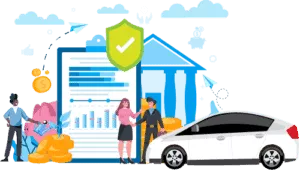 Illustration of a car, paperwork, people and money