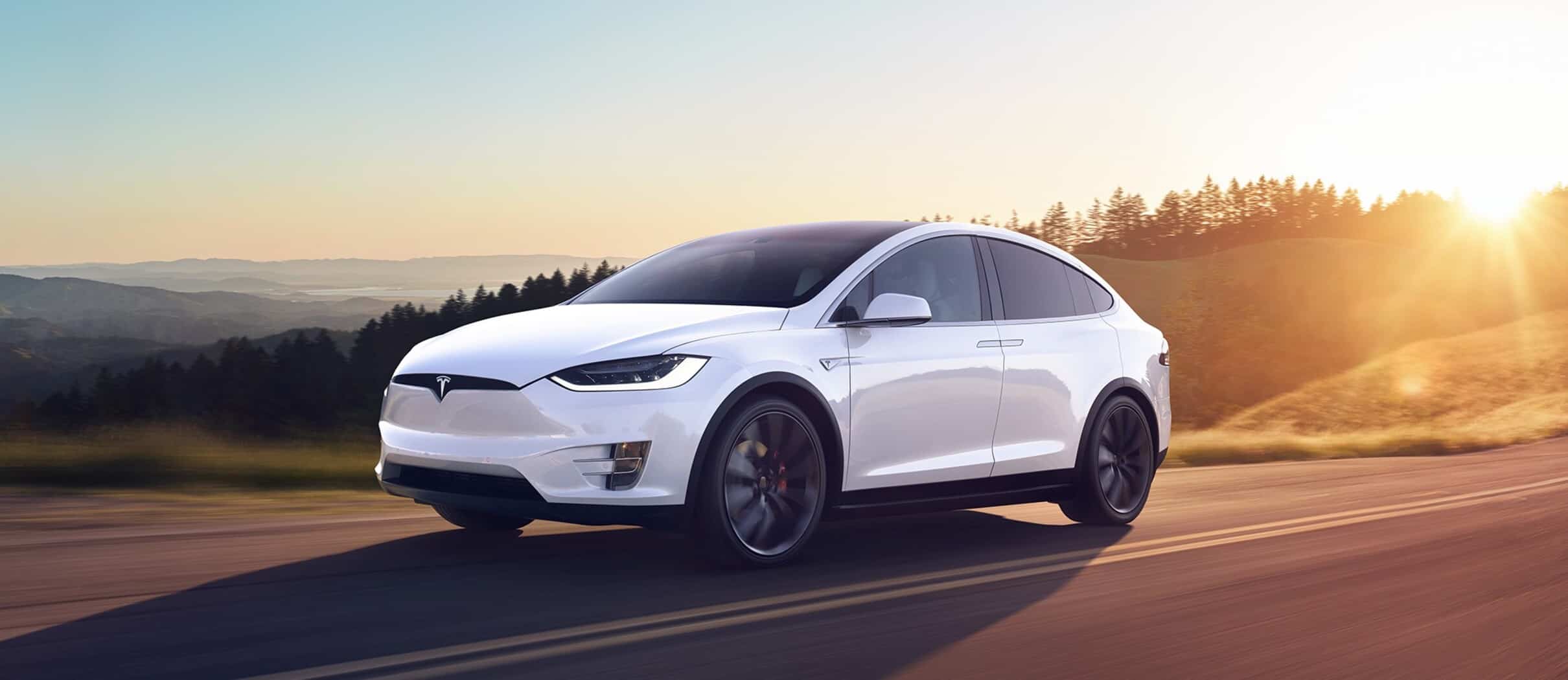 Tesla Model X: A white Tesla Model X parked in a picturesque natural setting, showcasing its groundbreaking design and spacious, family-oriented interior.