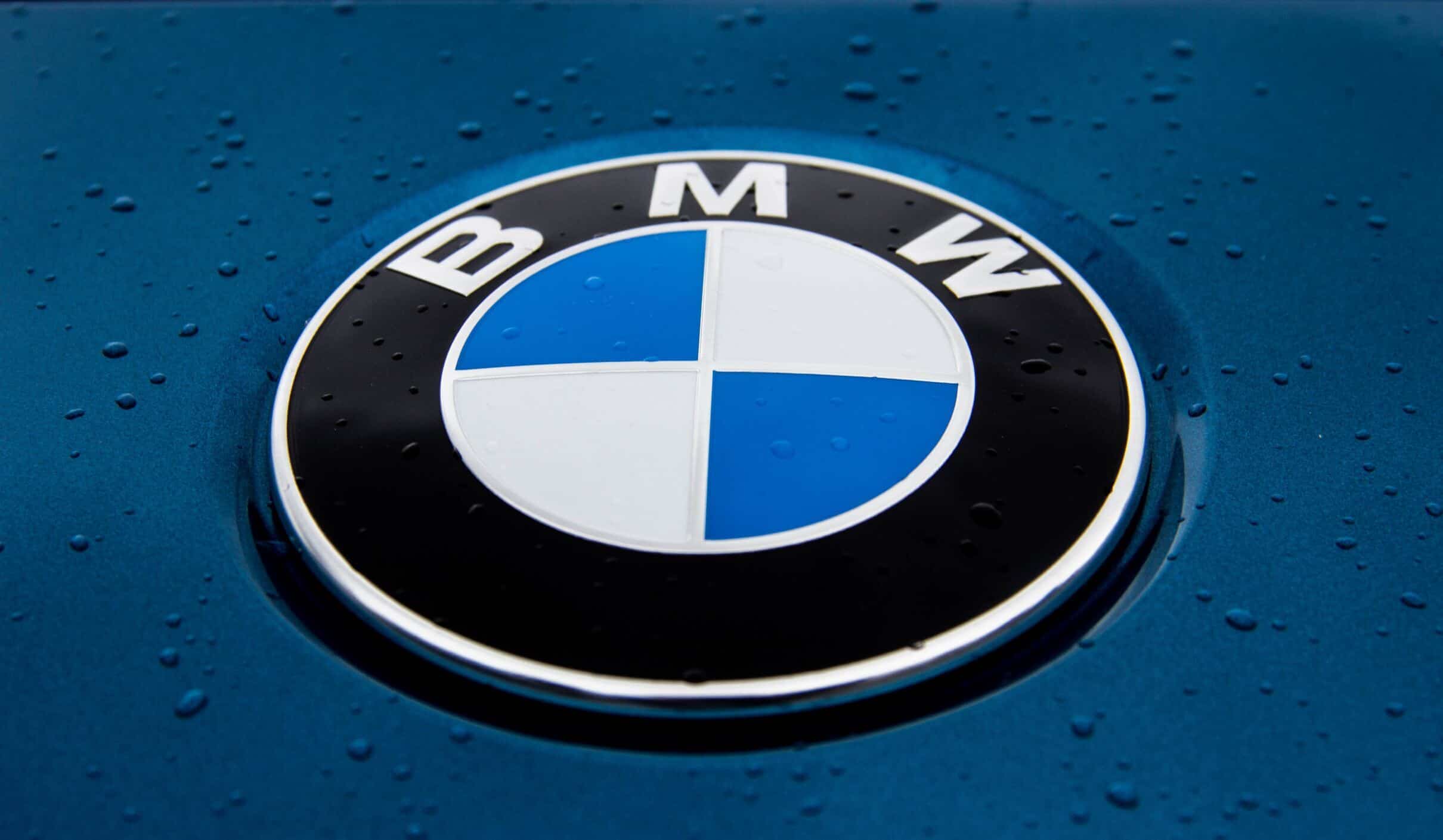 A close-up view of the iconic BMW logo badge, showcasing the blue and white roundel with black lettering.