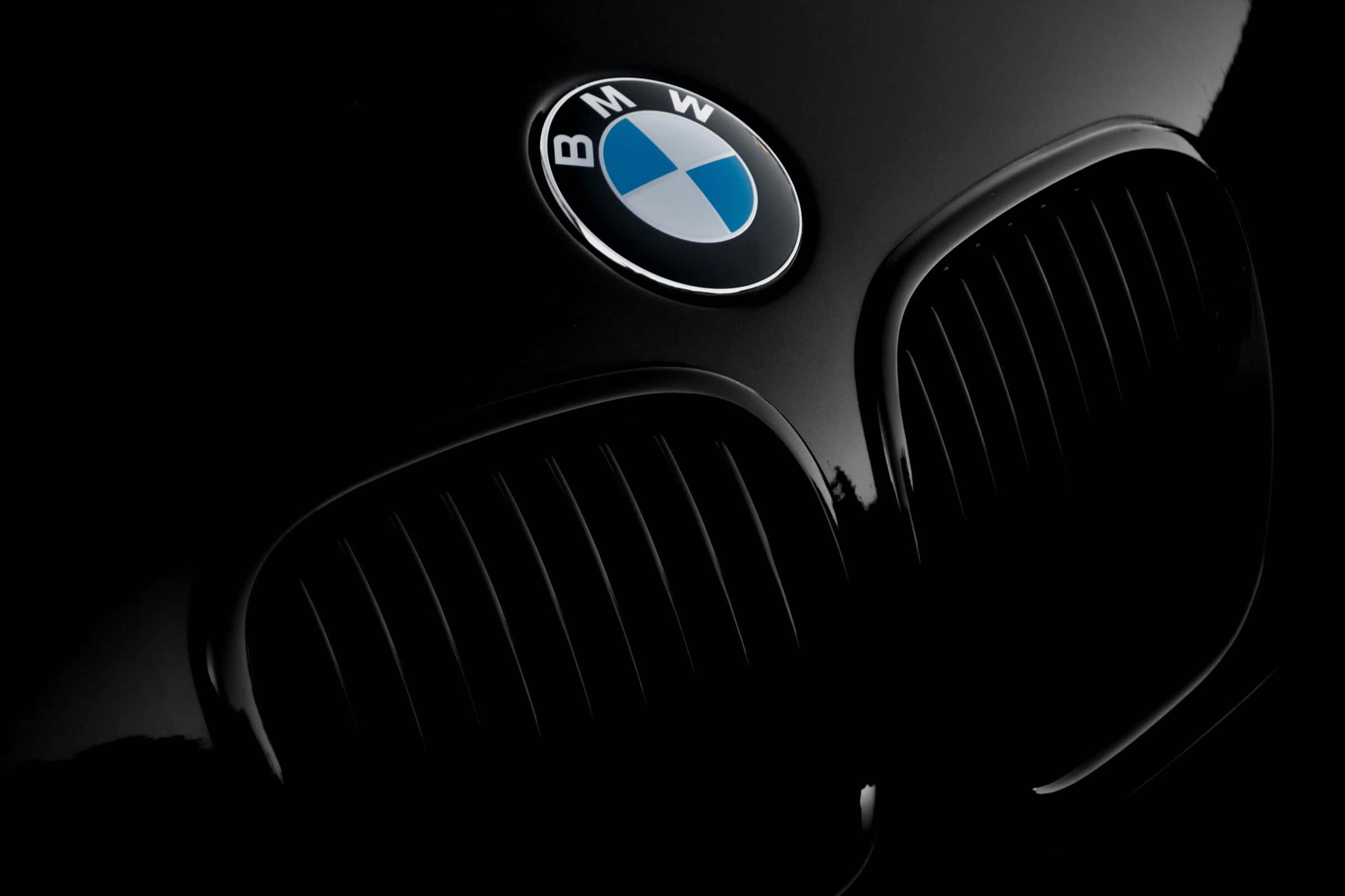Close-up view of iconic BMW badge with sleek design and signature blue and white colors.