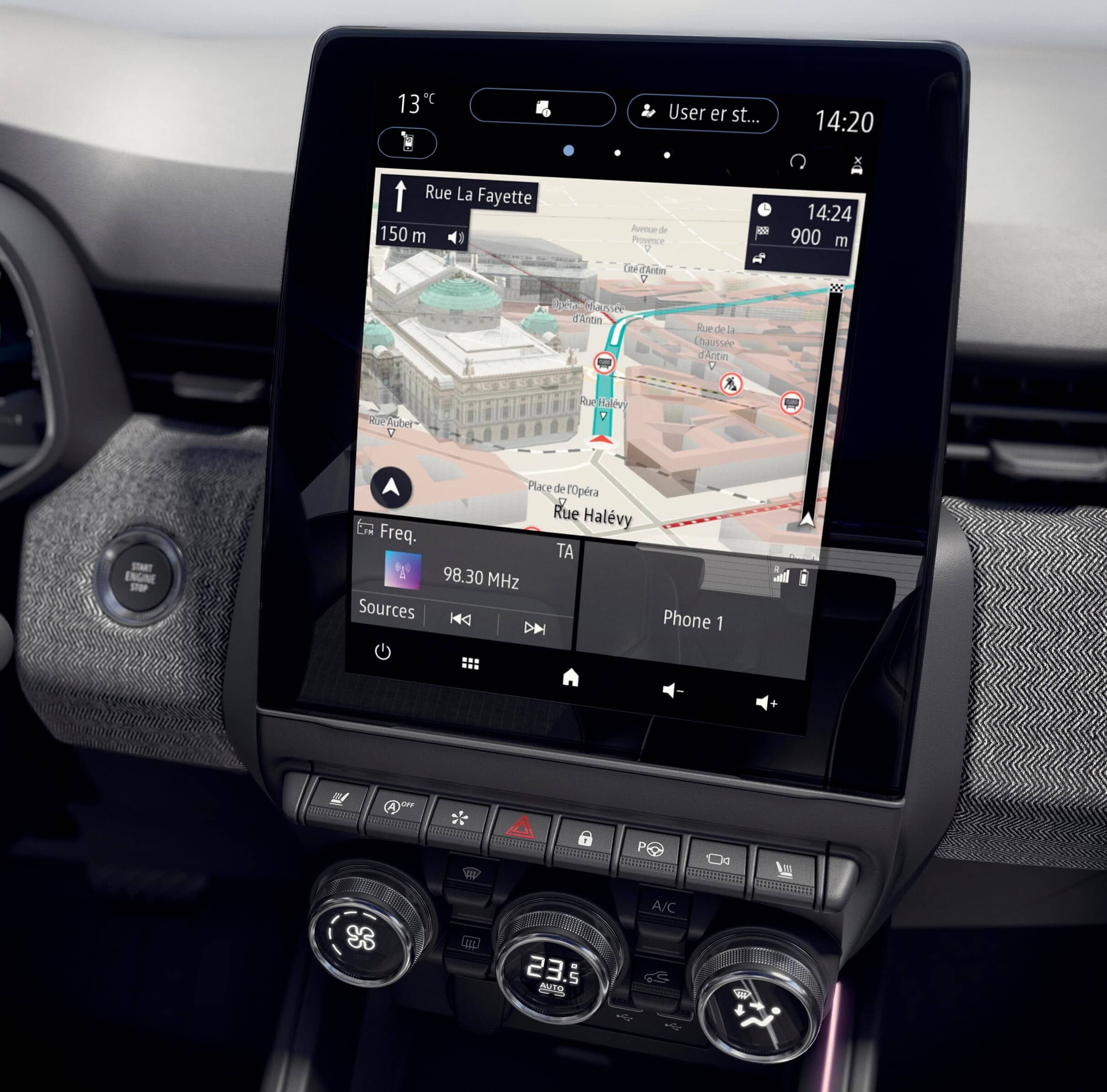 Close-up of Renault Clio Tech-E infotainment system with vibrant touchscreen display and intuitive interface.